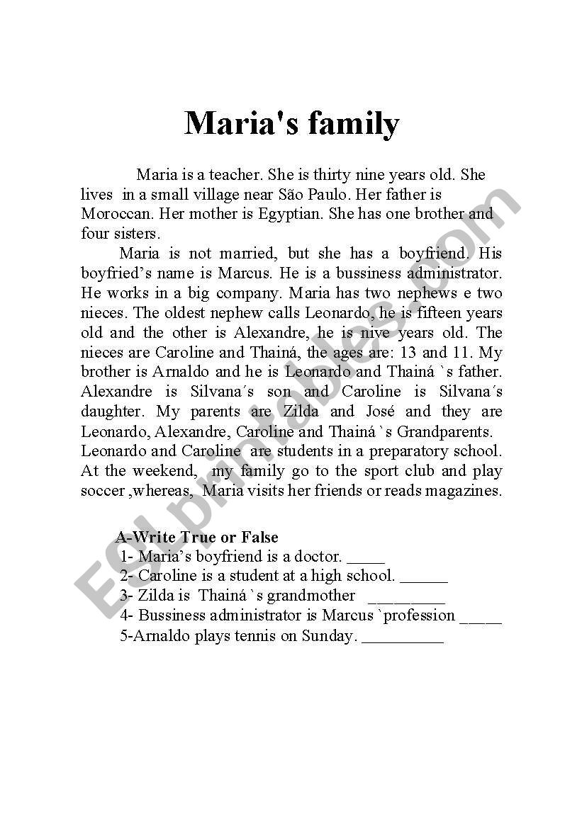 Maria `s Family worksheet